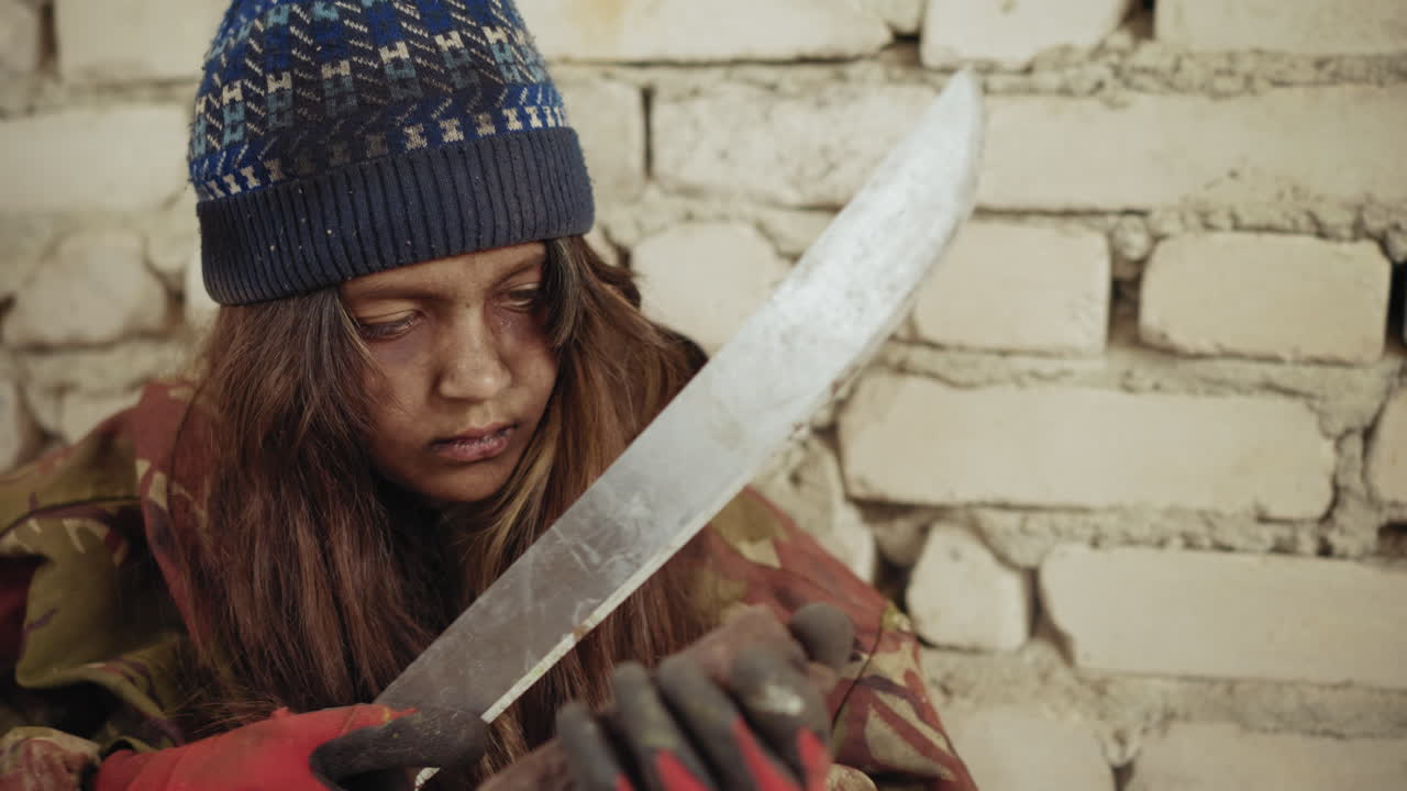 Primer plano de un menor desplazado con gorro de lana afilando la hoja de un machete sobre una piedra con una mano enguantada, con la mirada baja y muy concentrado, con suciedad en la cara y la chaqueta, con una pared de ladrillo rugosa de fondo.