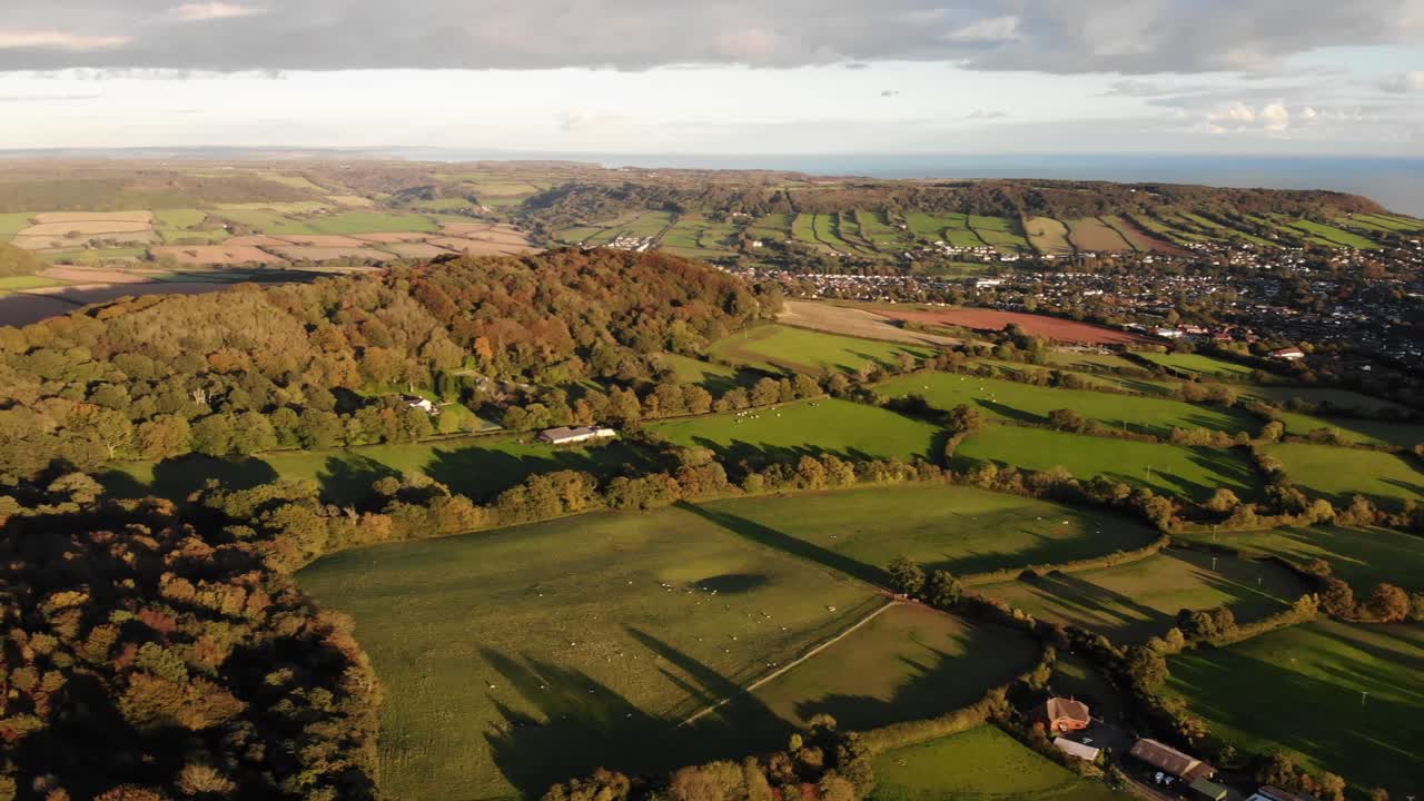 Panoramica aerea a sinistra sopra i campi di campagna vicino a Fire Beacon Hill nel Devon