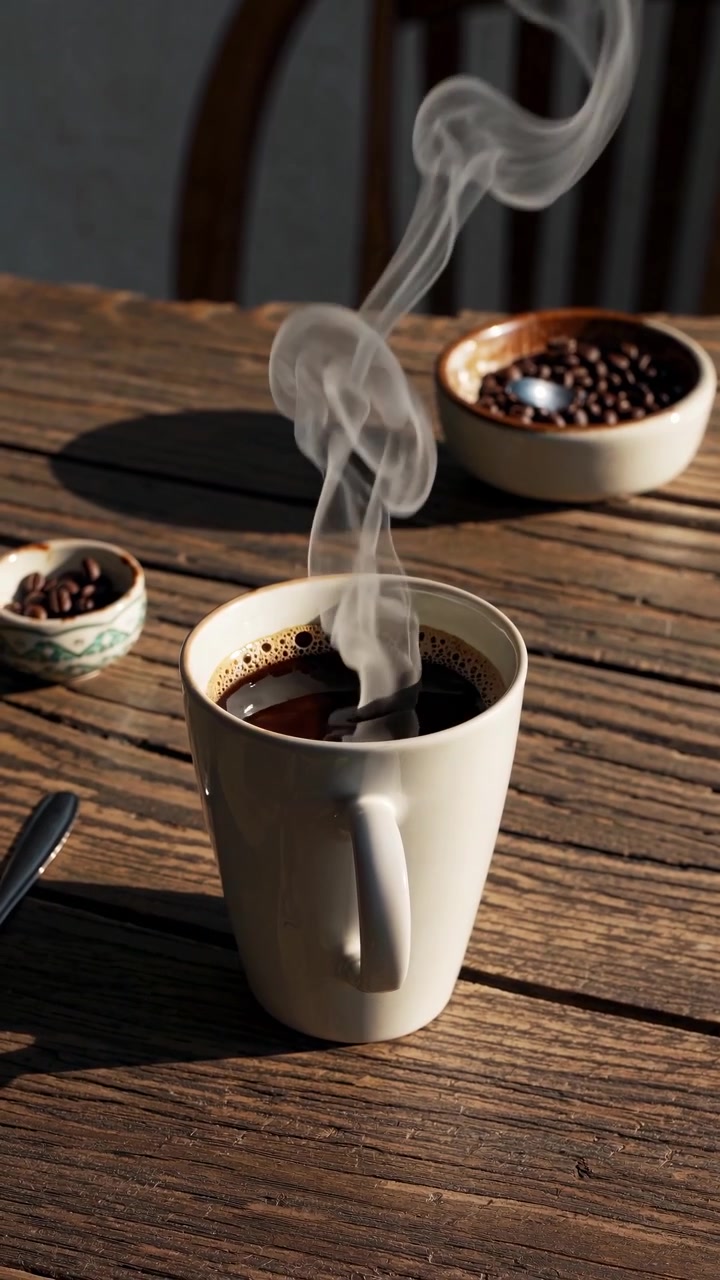 Dampende varm kaffe i et hvidt krus på et rustikt træbord