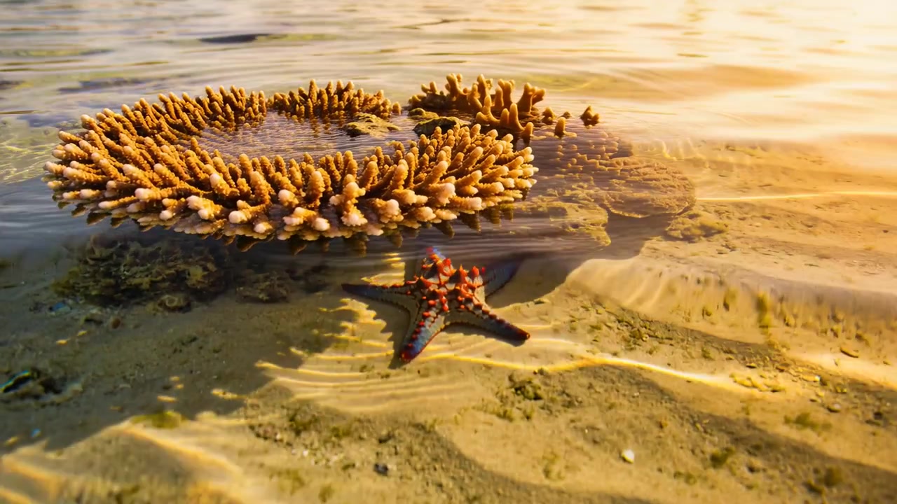 Moving low camera revealing table coral and five armed sea star on shallow reef, framing sunlight