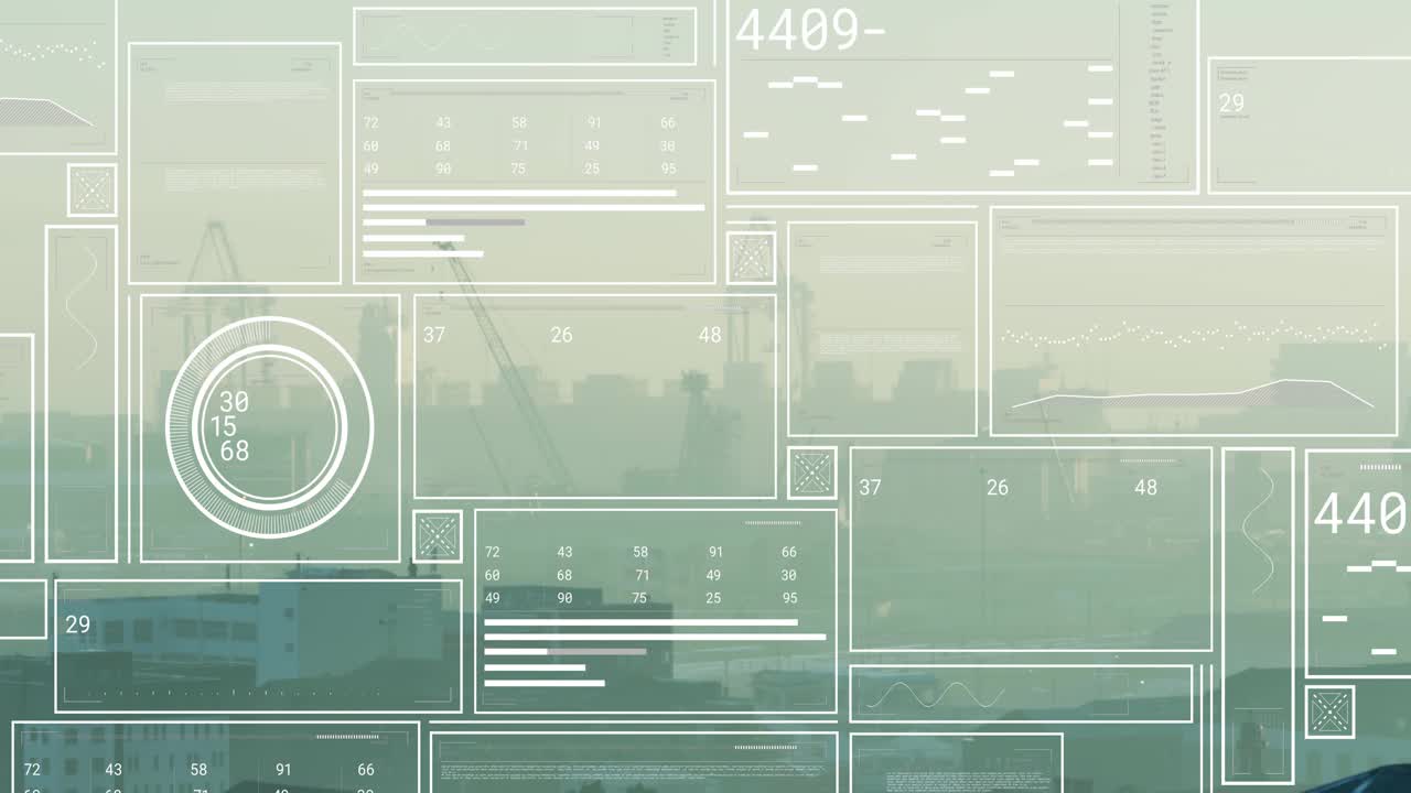 Pale UI overlay starting scan, filling panels, cycling numbers over hazy port skyline monitoring