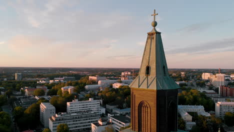 aerial lowering shot of turku cathedral tower