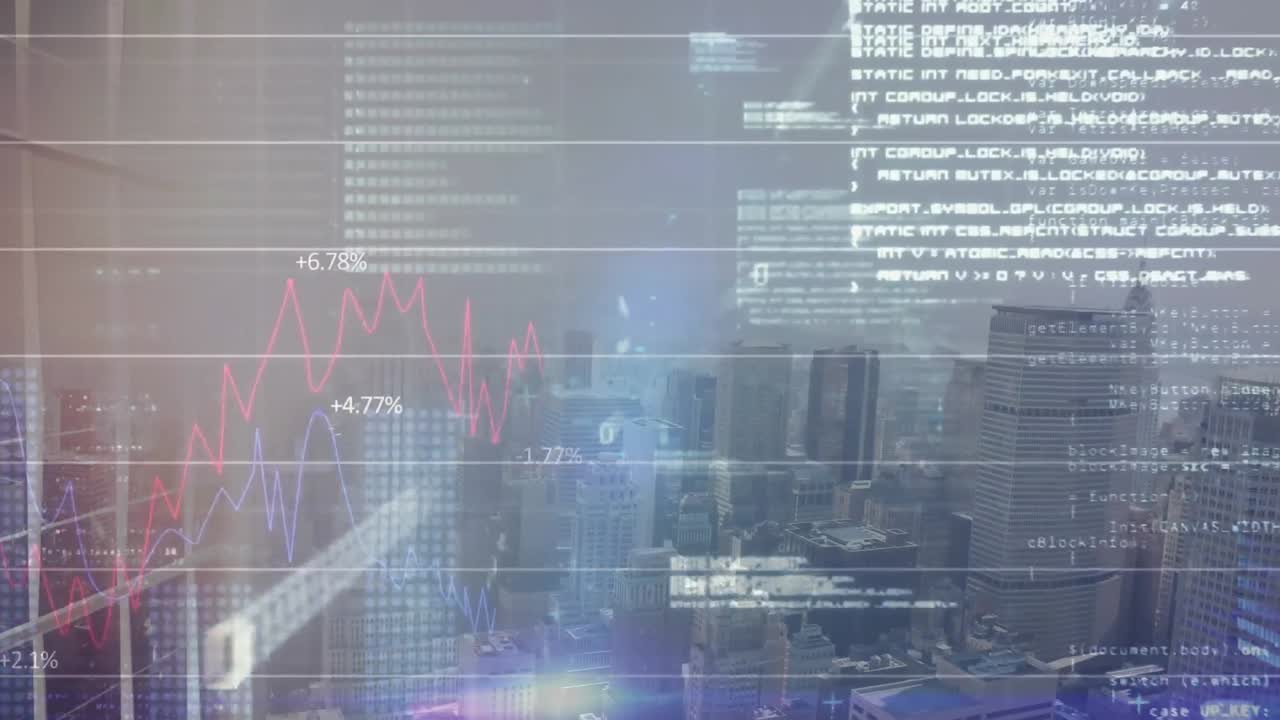 animación del procesamiento de datos estadísticos y punto de luz azul contra la vista aérea del paisaje urbano