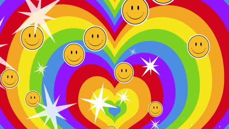 animation of pride lgbtq, smiley faces and stars falling over rainbow heart background