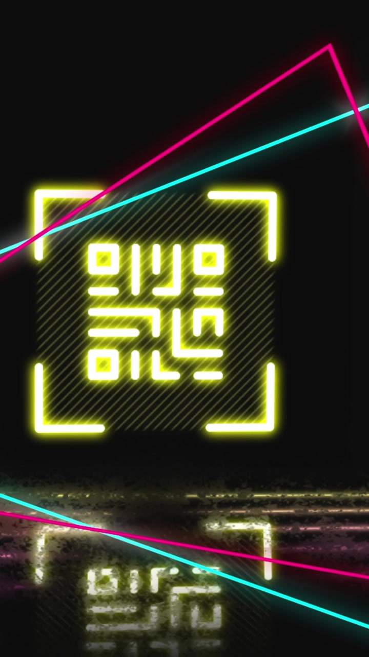 Animation of glowing qr code over neon geometric shapes