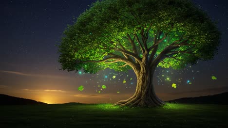 a majestic tree illuminated by twinkling lights against a twilight sky, casting enchantment over a serene landscape embraced by nature's beauty