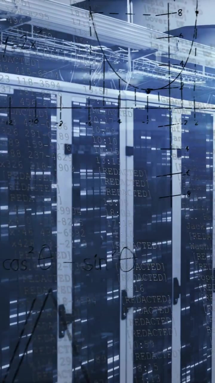 Animation of mathematical equations floating against mosaic squares over computer server room