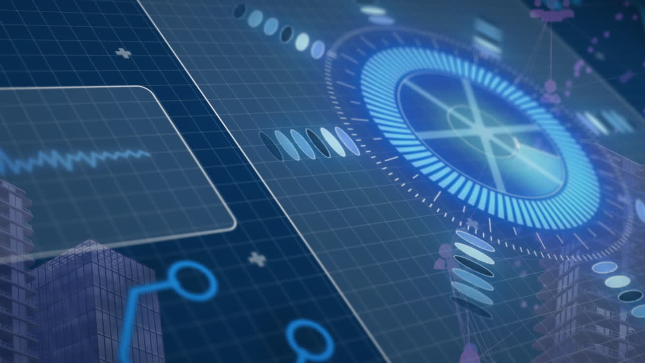 Animation of scope scanning and data processing over cityscape