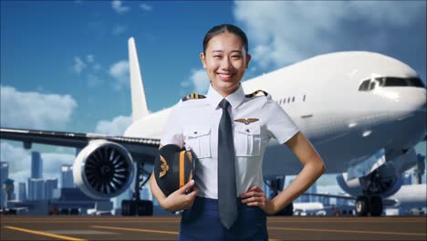 piloto mujer asiática con brazos akimbo mirando a la cámara y sonriendo mientras está de pie en el aeródromo con el avión en el fondo