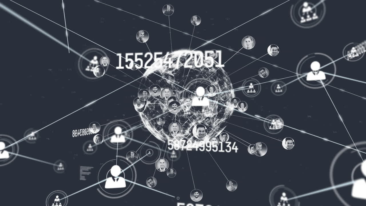 전 세계에 대한 아이콘과 검은색 배경에 대한 데이터 처리와 연결 네트워크의 애니메이션