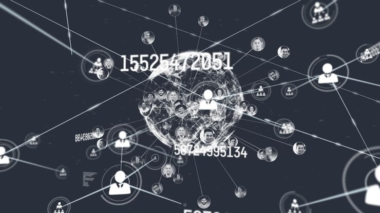 Animation of network of connections with icons over globe and data processing on black background