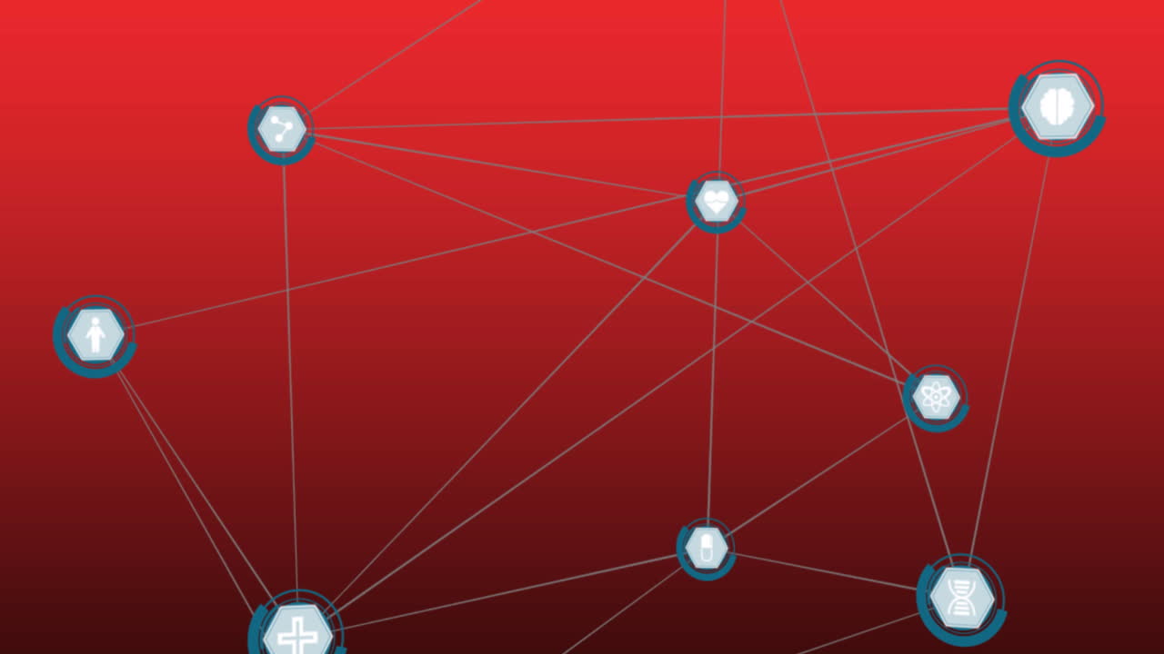 animación de una red de iconos digitales contra un fondo de gradiente rojo