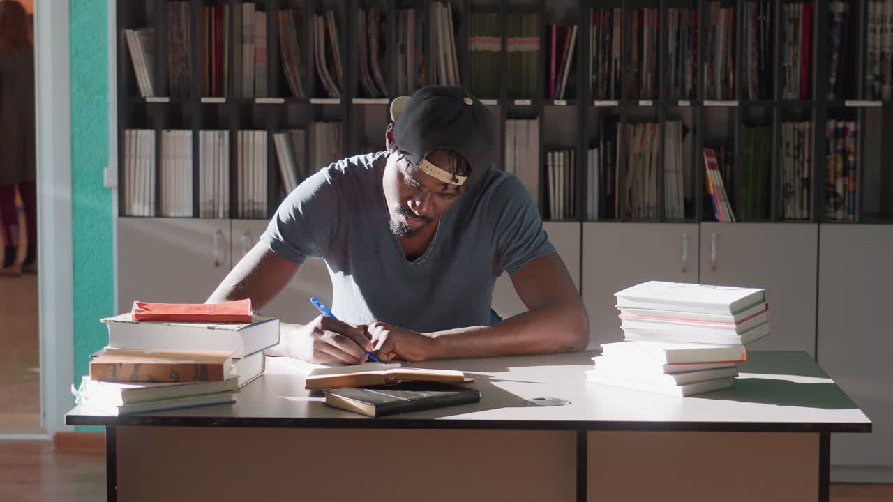 Young man in cap writes notes during study session in library, seated at desk surrounded by tall stacks of books, focused under warm sunlight, shelves filled with publications behind