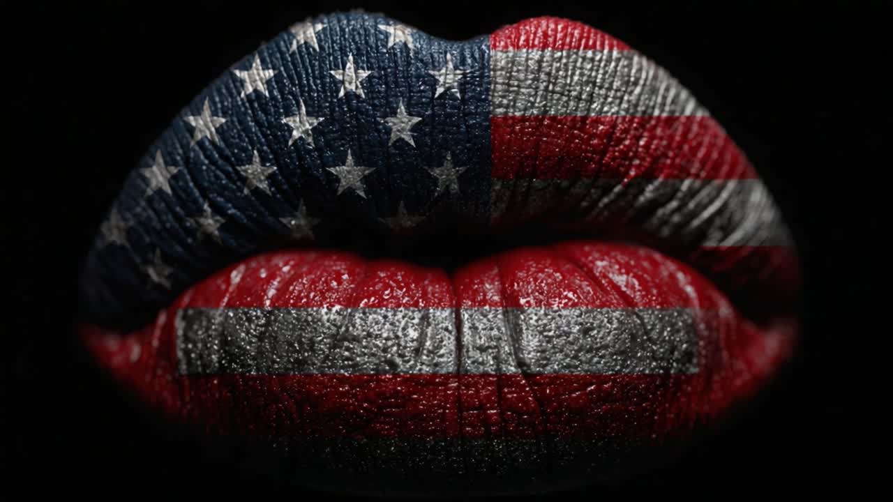A Stunning Display of Patriotism: Close-Up of Lips Decorated with the American Flag, Highlighting Artistic Expression and Identity Through Colors and Textures