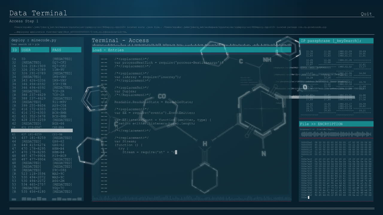 estructuras químicas flotando sobre la interfaz digital con el procesamiento de datos contra un fondo azul