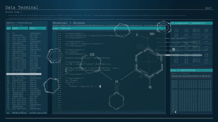 Chemical structures floating over digital interface with data processing against blue background