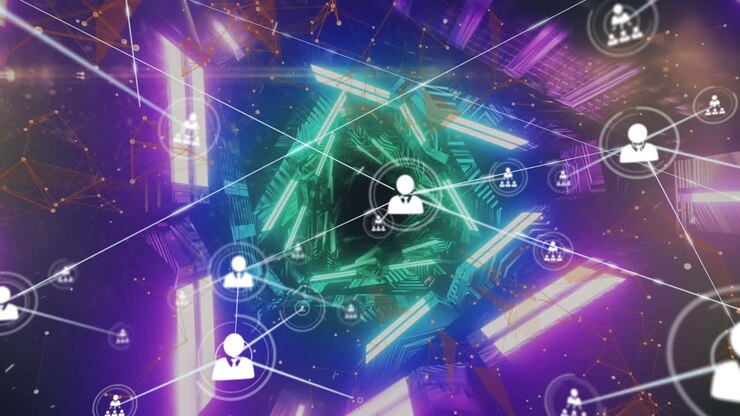 Animation of network of connections over neon geometrical shapes