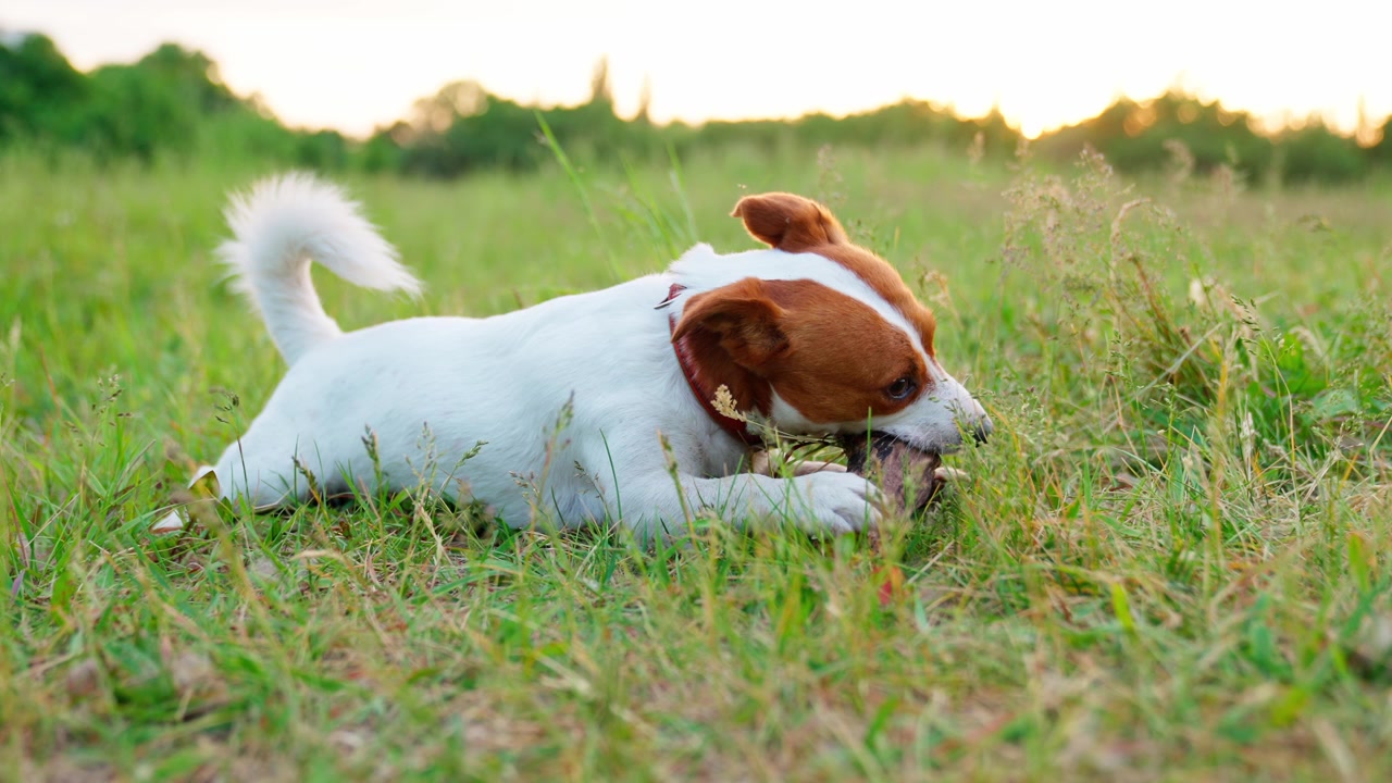 Jack Russell Terrier kaut einen Stock auf einem grasbewachsenen Feld