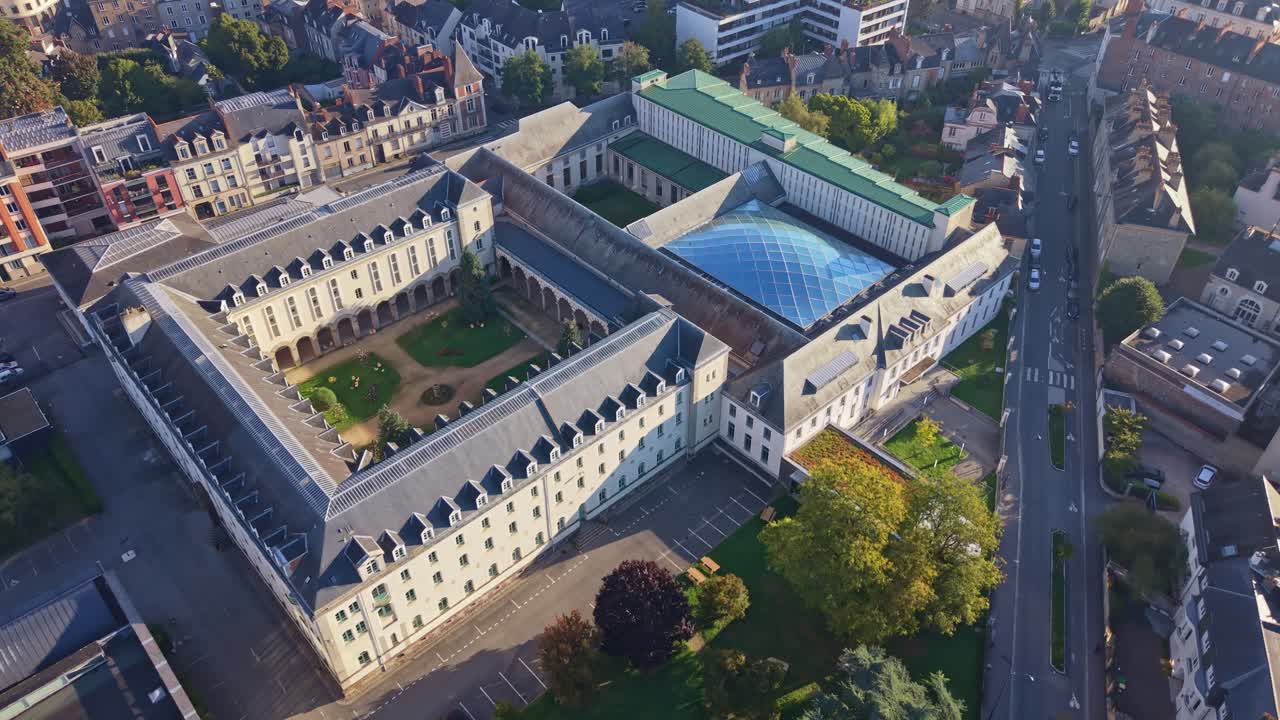 Faculty of Economic Sciences and University Library at University of Rennes 1, France. Aerial drone top-down forward