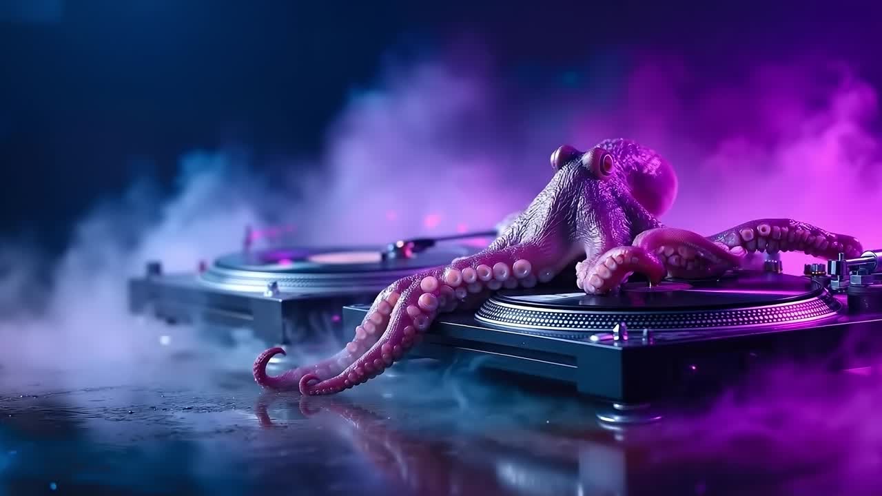 An octopus is sitting on top of a turntable with a purple background