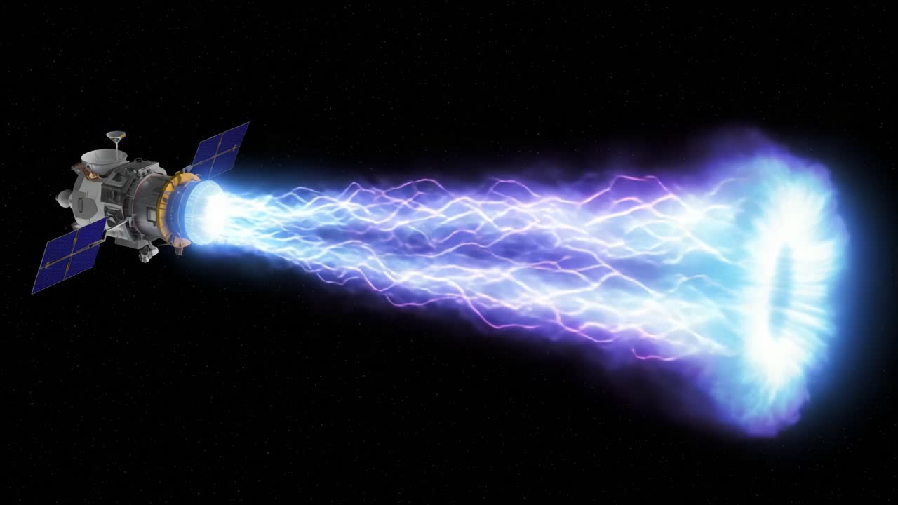Spectacular View of a High-Energy Spacecraft Propulsion System in Action, Emitting a Brilliant Stream of Plasma and Energy Through the Cosmos
