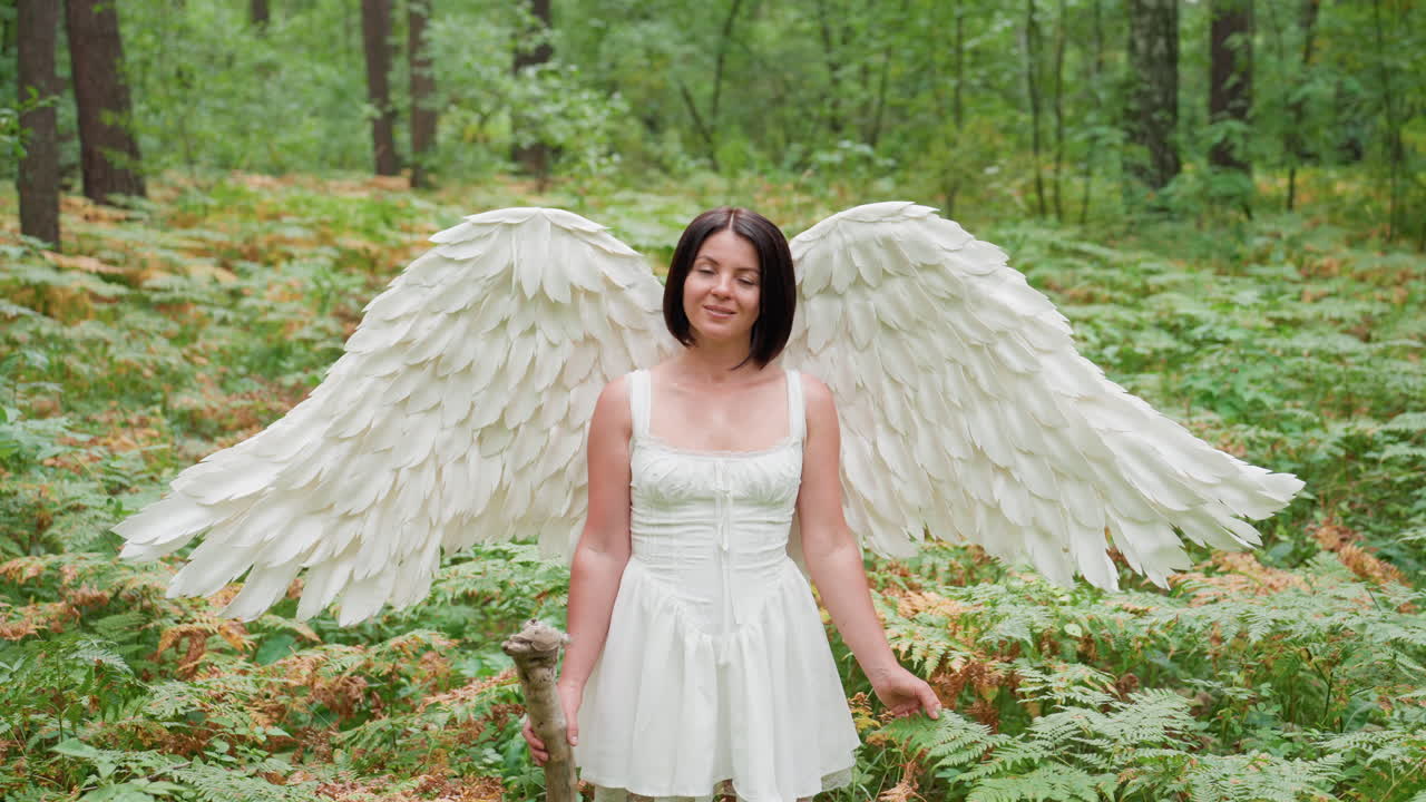 Woman with white angel wings stands in lush green woodland, gently dragging hand across fern leaf with subtle smile, evoking connection to nature, stillness, and ethereal grace in forest light