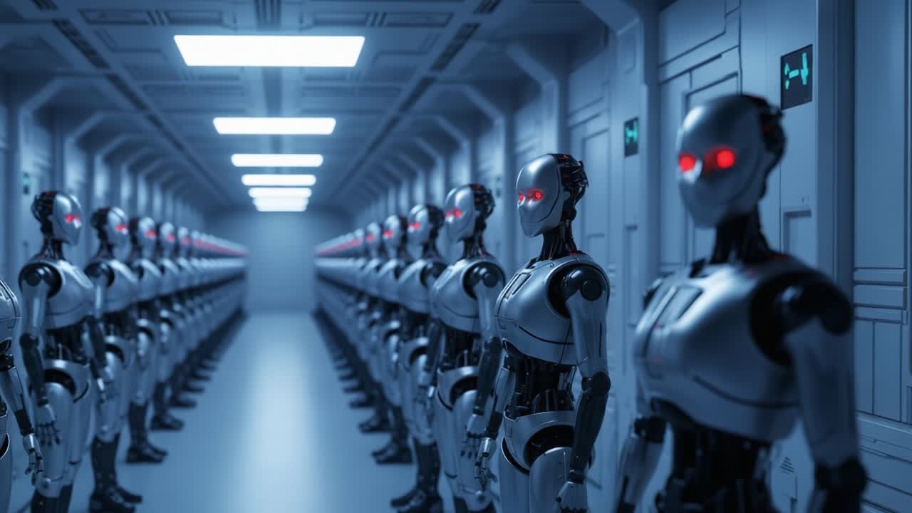 A Futuristic Hallway Filled with Advanced Robots Standing in Formation, Showcasing Their Sleek Design and Glowing Red Eyes, Enhancing the Immersive Sci-Fi Atmosphere