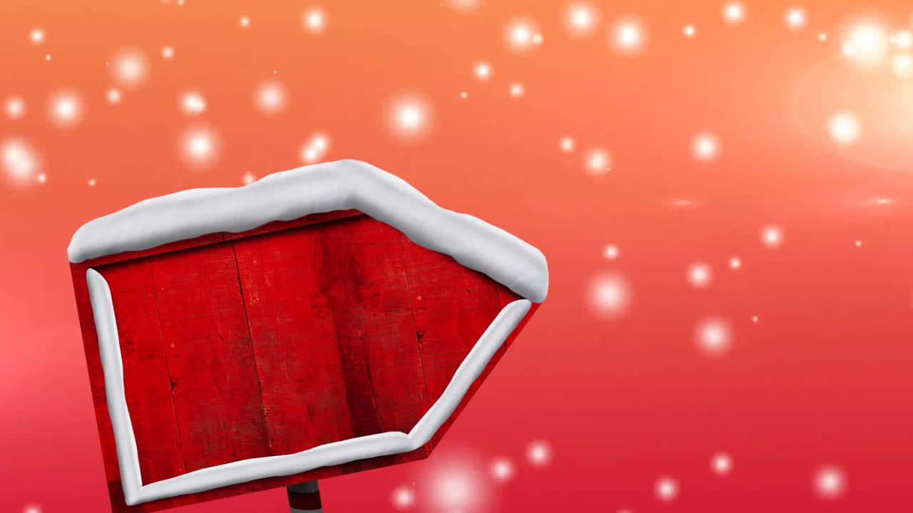 Red wooden sign with snow over falling snowflakes animation on orange background