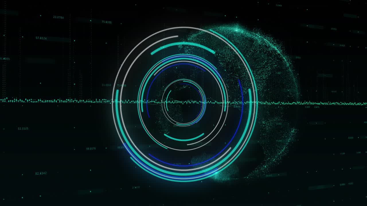 animación de gráficos sobre círculos iluminados contra el globo y números cambiantes en fondo negro