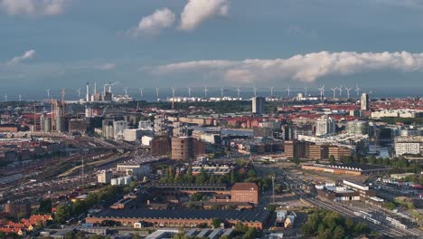 Beautiful-aerial-panorama-over-industrial-Copenhagen,-Denmark