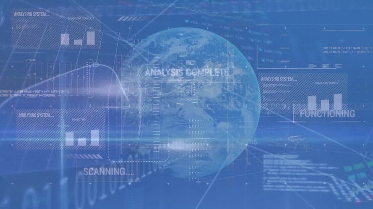 Animation of arrows pointing up, globe, statistics and data processing