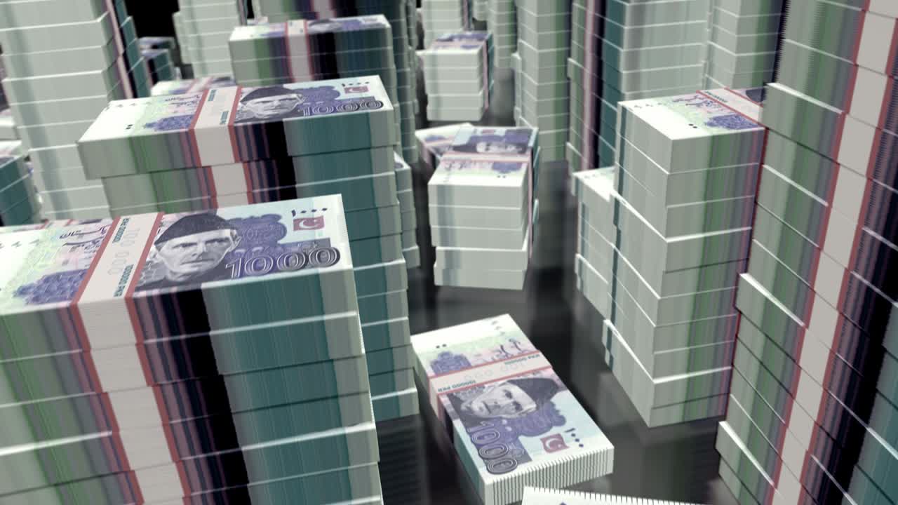 3d flight over the Pakistani rupee money banknote packs loop animation