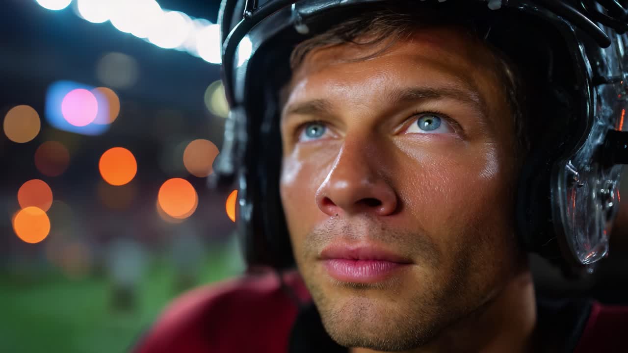 Atleta concentrato con il casco che studia la strategia di gioco sotto le luci dello stadio, con espressione determinata e pronto all'azione in un ambiente sportivo competitivo