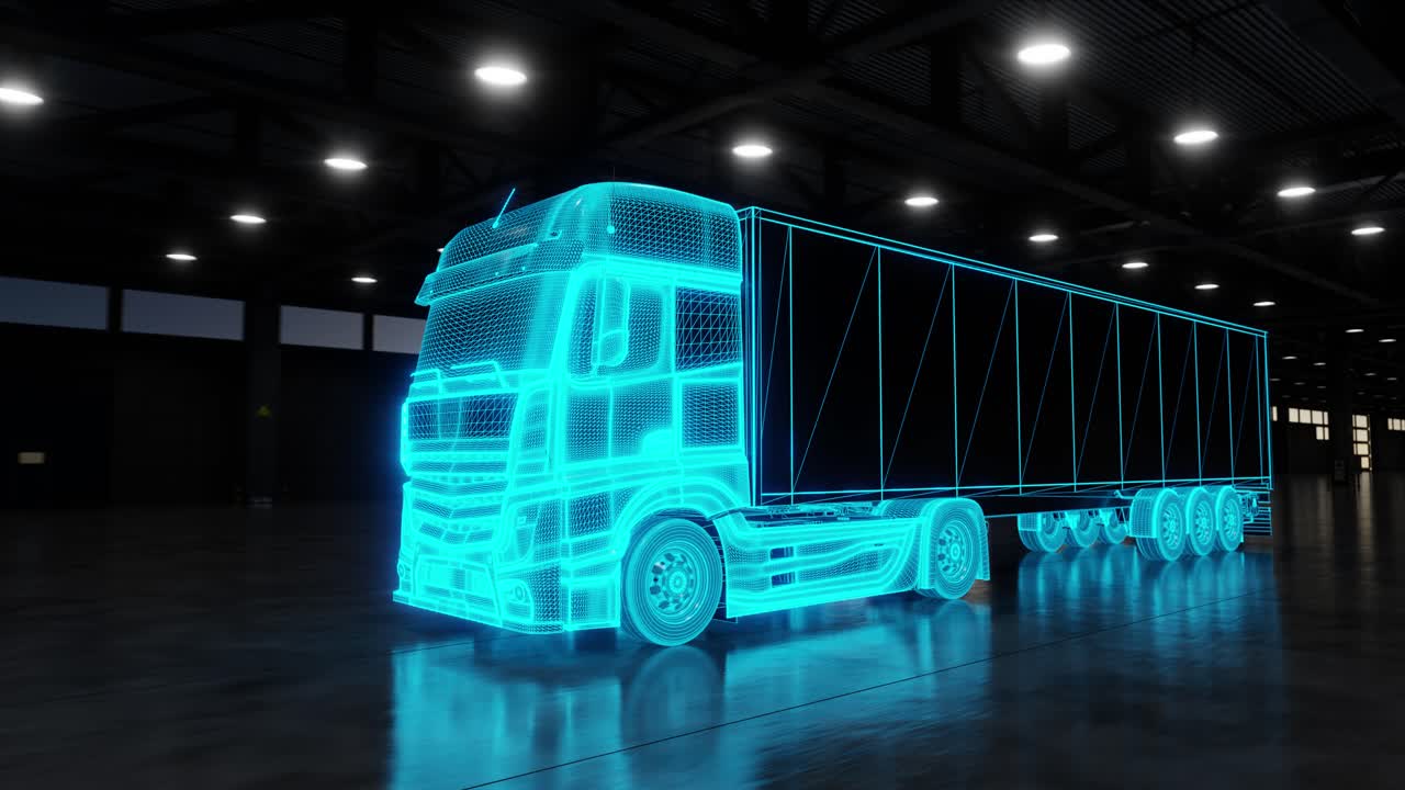 3D animation loop of glowing blue truck in logistic center