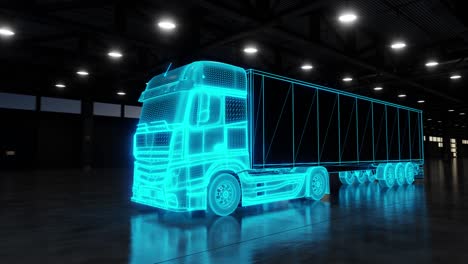 3d animation loop of glowing blue truck in logistic center