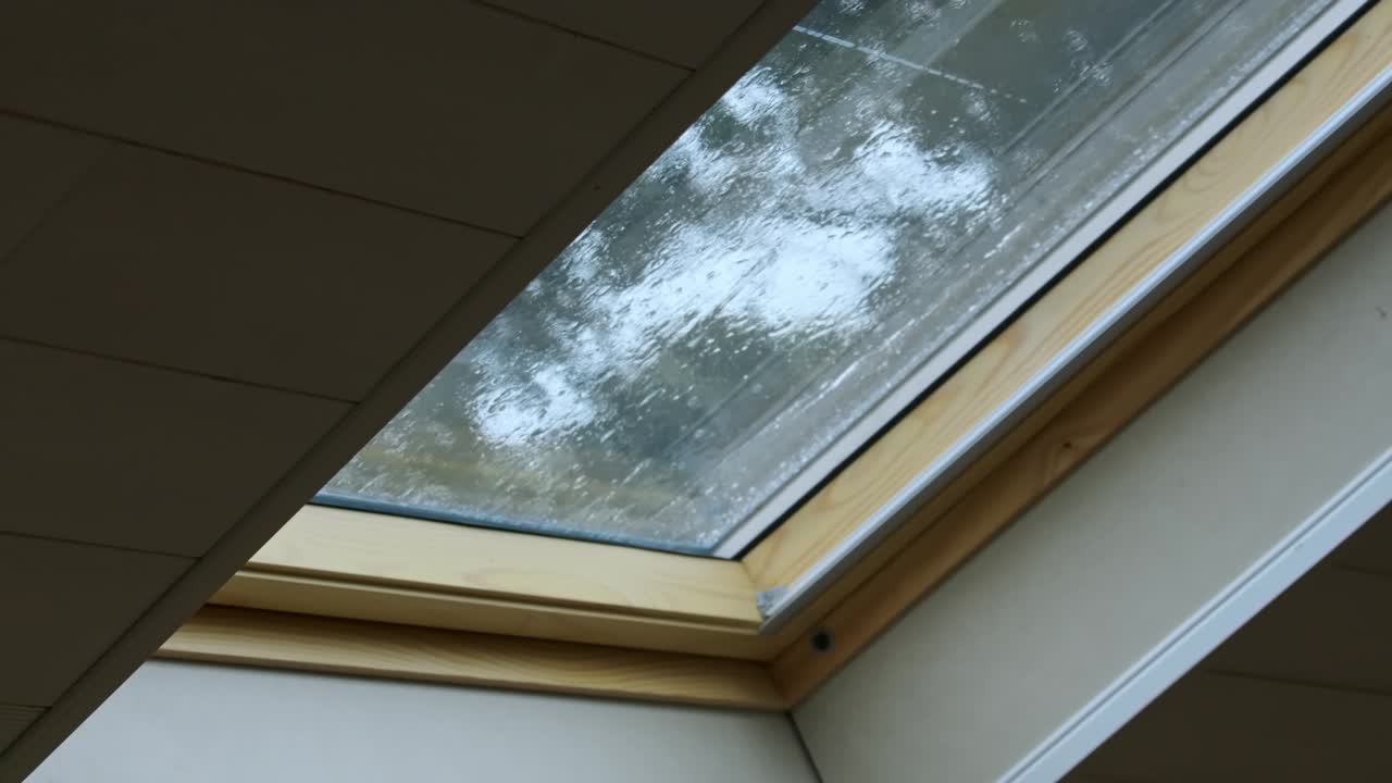 Rainfall On Attic Glass Windows Roof. Low Angle Shot