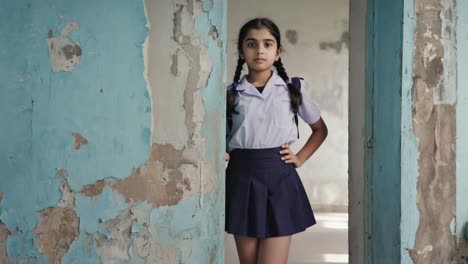 female student standing in abandoned school corridor, wearing uniform and backpack, representing educational perseverance through challenging environments