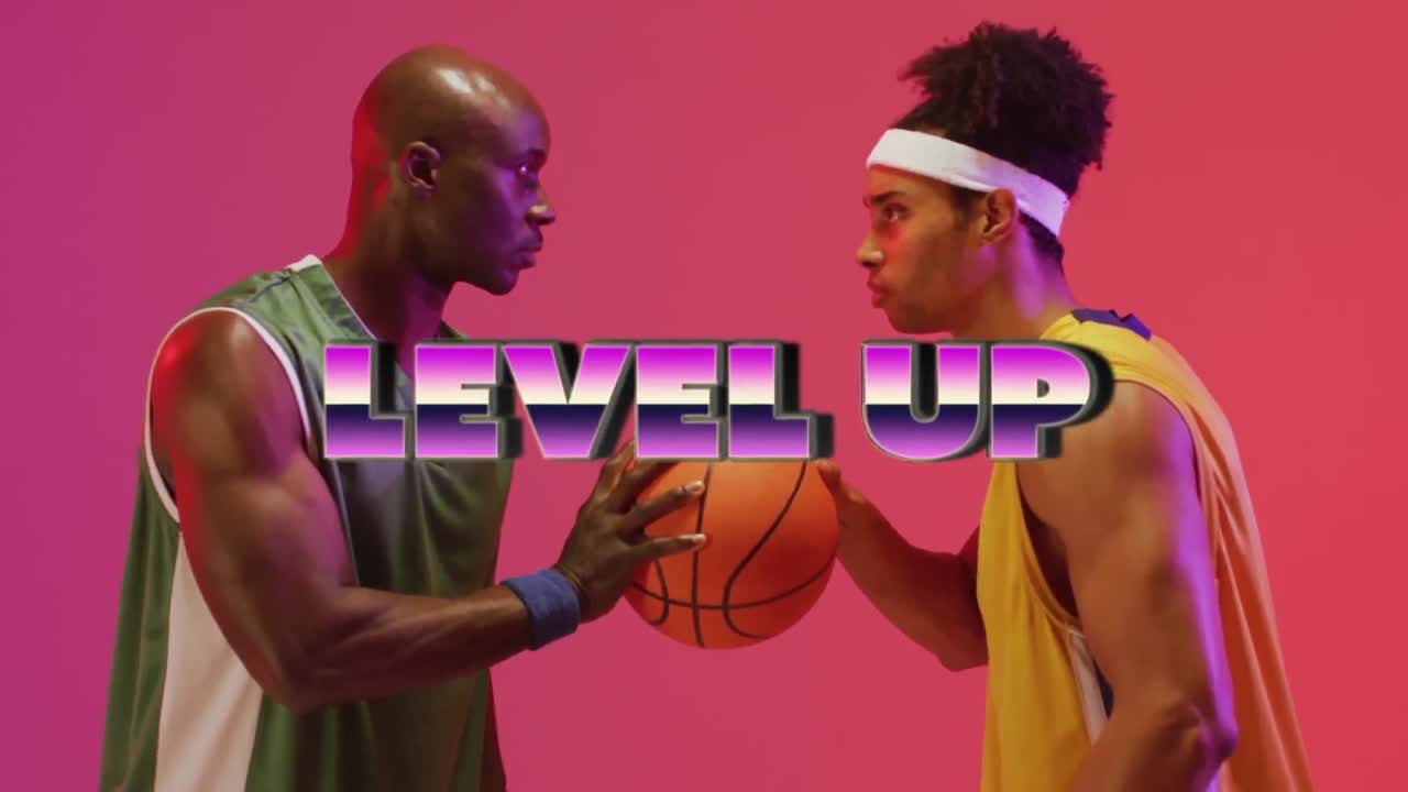 Animation of level up text over basketball players on neon background