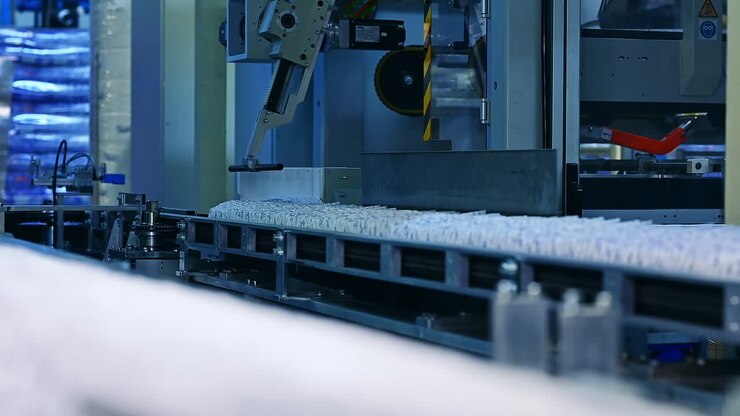 Producing diapers machanism motion. Big roll of cellulose for making pampers.