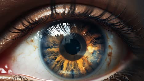 close up of a woman's eye undergoing a mesmerizing transformation, its color shifting from a natural hazel to vibrant shades of orange and blue, a captivating display of altered biology