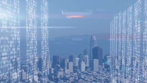 animation of data processing over cityscape