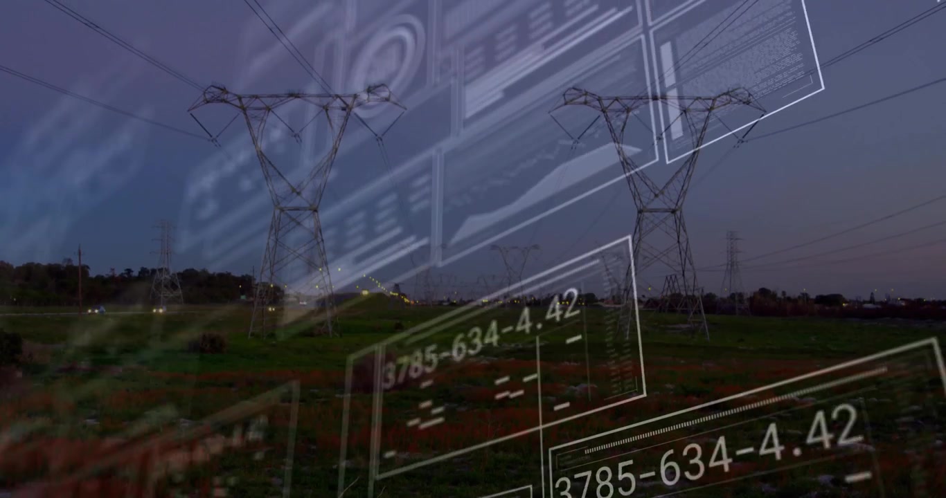 Al inicio, paneles HUD apareciendo gradualmente sobre torres de transmisión mostrando métricas de energía en tiempo real para monitoreo