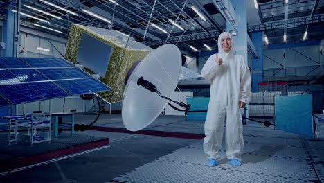 full body of asian male scientist showing thumbs up gesture and smiling with spacecraft construction