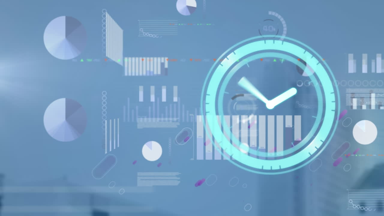 animación del reloj moviéndose rápido sobre estadísticas y procesamiento de datos