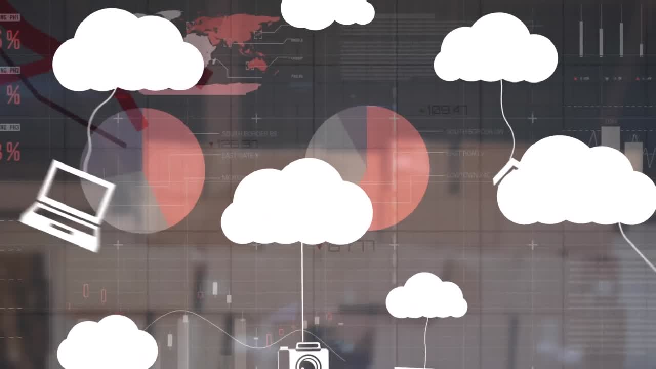 animación de nubes e iconos digitales sobre el hombre animación estadística sobre el teléfono inteligente
