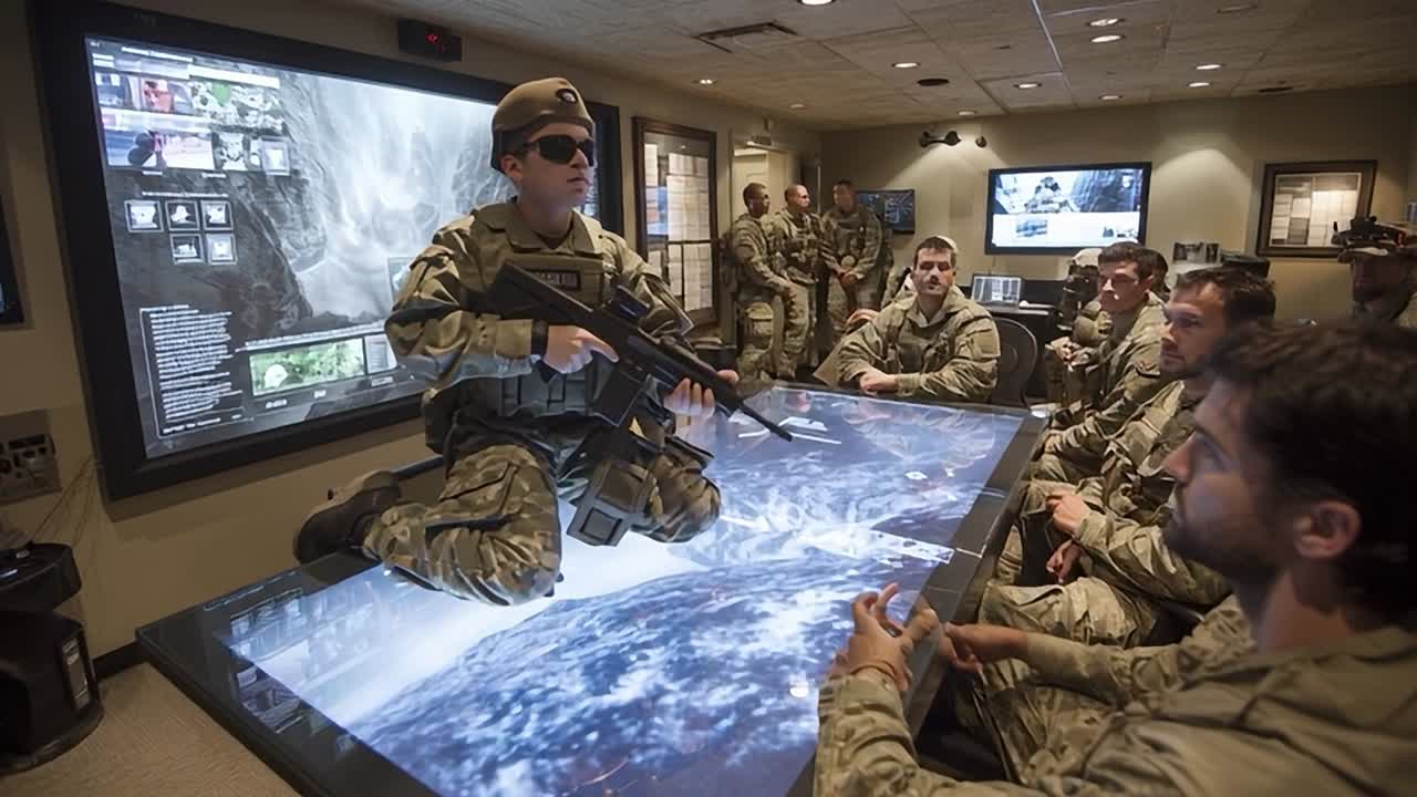 Militares envolvidos no planejamento estratégico em um centro de comando