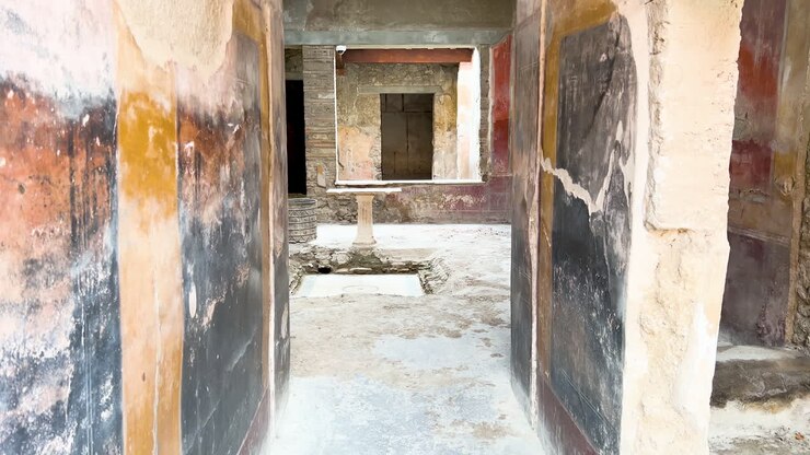 L'interno di un'antica casa romana a Pompei, che mostra affreschi sbiaditi sulle pareti e un tavolo centrale in pietra in un atrio