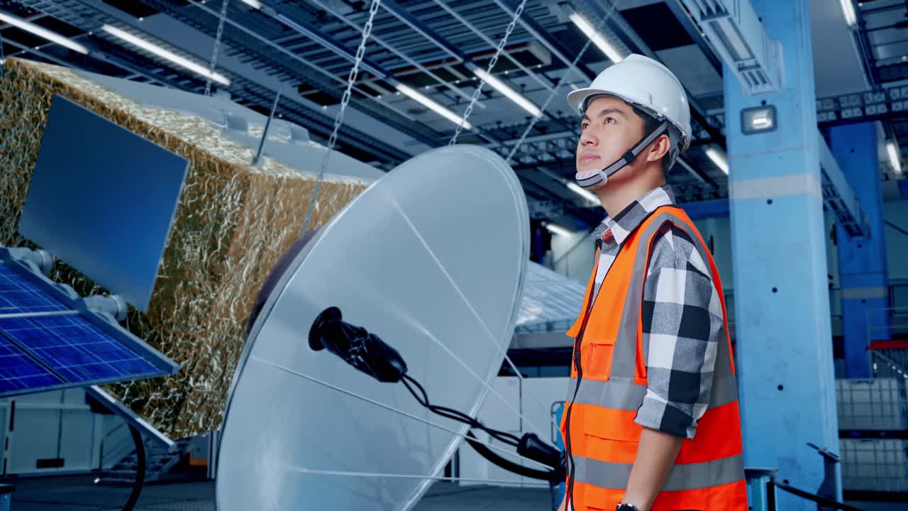 ingeniero inspeccionando equipos de satélite en una fábrica.