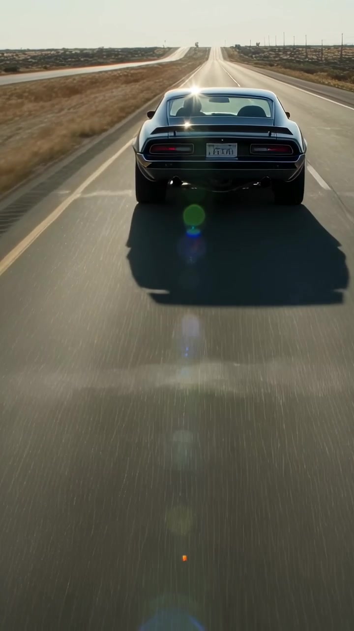 Video verticale: Guidando una coupé classica a 2 porte su una strada a due corsie, il sole colpisce la parte posteriore creando un bagliore.