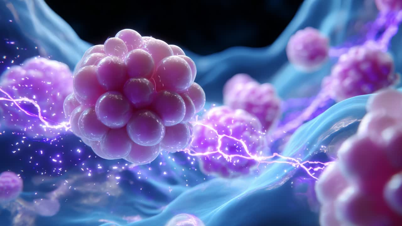 Microscopic View of Vibrant Biological Cells with Electric Energy Pulses, Showcasing Cellular Structures and Dynamic Interactions within a Colorful Fluid Medium, Capturing the Essence of Life at a Minute Scale